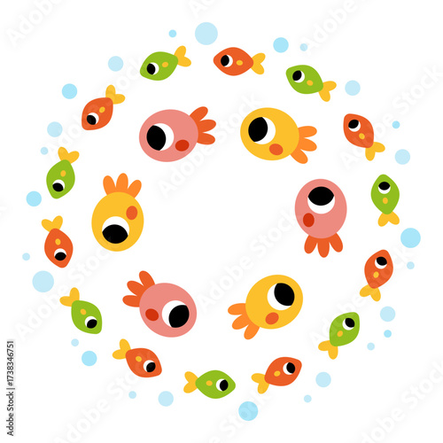 School of fish swims in circle. Flat cartoon vector illustration isolated on white background. Kawaii cute characters for kids projects about the sea and underwater life.