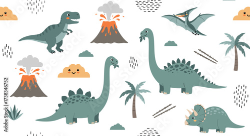 A delightful prehistoric scene filled with various dinosaurs and volcanoes.