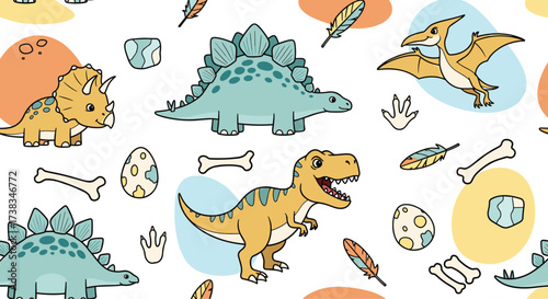 Cute cartoon dinosaurs and prehistoric elements seamless pattern.