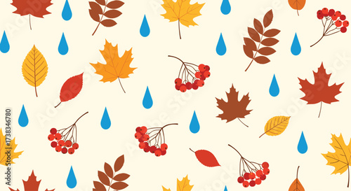 Autumn leaves and raindrops on a light background.
