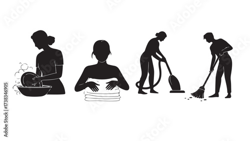 Set of cleaning icons housework silhouettes vector illustration for domestic chores and household tasks