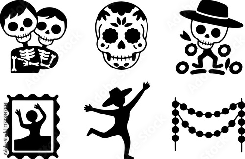 bundle of Skeleton couple, Sugar skull, Marigold bunch, Framed photo, Parade dancer, Garland row