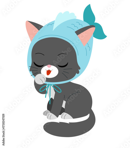 A black cat dressed in funny fish costume. Flat vector illustration isolated on white background. Kawaii animal character for kids books or pet themed projects