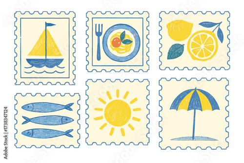 Summer postal stamps set with sailor boat, Italian food, sardines, and lemon. Hand-drawn textured vector illustration. Vintage naive elements for travel, food and sea concept.