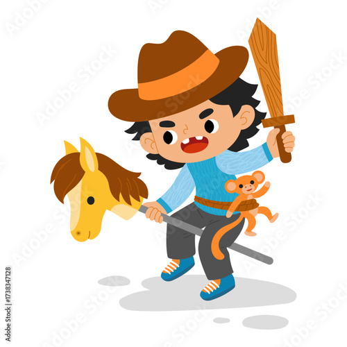 Cute little boy riding on hobby horse toy with monkey and a wooden sword. Flat vector illustration isolated on white background. Character for kids games and storytelling projects.