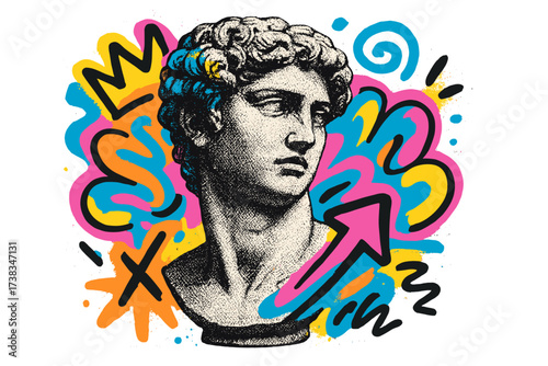 Art collage grunge poster with halftone antique sculpture bust. Classic David statue meets bright street art graffiti. Stylish, modern, and trendy vector for tee print design.
