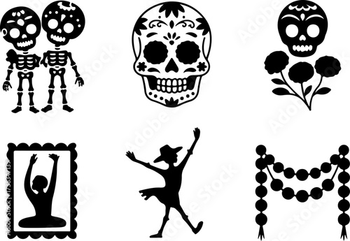 bundle of Skeleton couple, Sugar skull, Marigold bunch, Framed photo, Parade dancer, Garland row