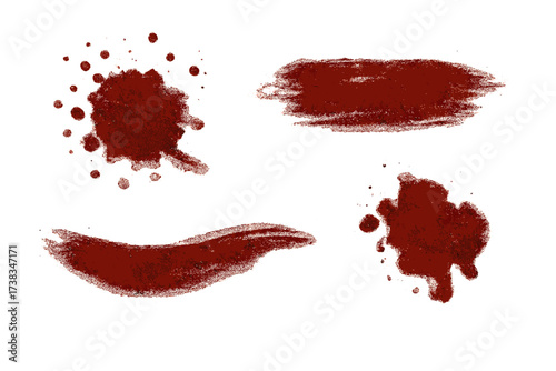 Blood stain set with splatters and smudges. Halloween horror clipart with realistic halftone dotted texture. Vintage 90s grunge style vector for crime or scary design concepts.