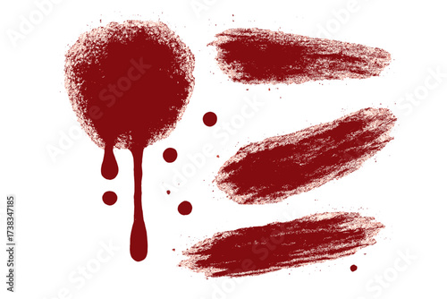 Blood stain vector elements. Halloween horror design set. Red splatter, drip, and smear clipart. Grunge crime scene illustration. Scary murder texture effect background.