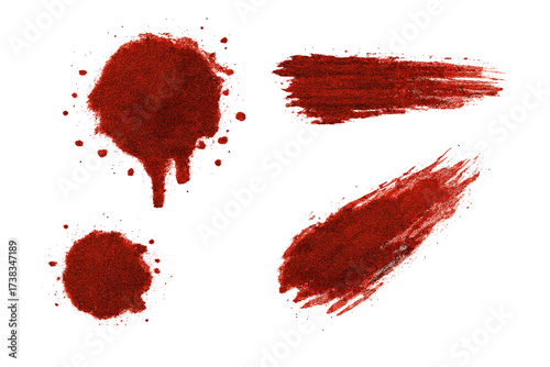 Blood stain collection with smudges and drips. Halloween horror crime scene clipart. Red paint splatter set. Halftone dotted offset texture. Vintage 90s grunge style vector.