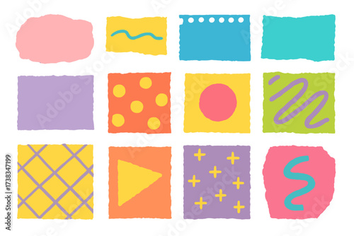 Torn paper sheets collection for trendy collage design. Set of colorful abstract vector elements in 90s retro style. Scrapbook and notepad paper pieces with torn edges.