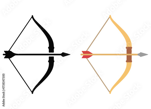 Bow and arrow icon set. Editable vector illustration of traditional weapon in silhouette and colored style. EPS archery concept pack