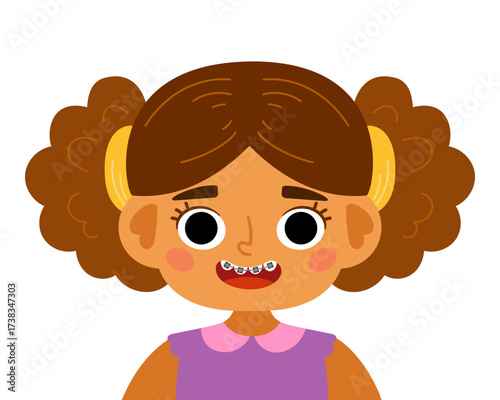 Cute portrait of girl with two pigtails and braces on her teeth. Flat illustration in kawaii style isolated on white background. Vector image for children’s posters and educational projects