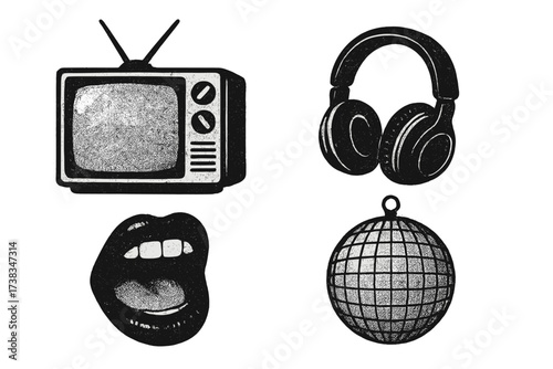 Retro music collage set. Grunge halftone vector elements. Vintage TV, headphones, singing lips, and disco ball. 90s rock and pop culture punk illustration for trendy design.