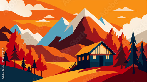 Awash in hues of gold and reds the mountain chalet seems to come alive against the brilliant canvas of the changing fall foliage.