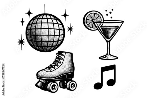 Disco party vector icons set. Retro 70s 80s roller skate, cocktail, music note and disco ball. Black and white halftone illustration for zine collage, sticker or flyer design.
