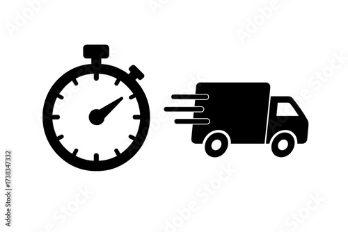 Express delivery service icon with fast truck and timer. Concept of speed, logistics, and on-time shipping. Quick transport and courier symbol for e-commerce and packages.
