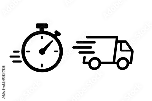Express delivery icon set with fast moving truck and timer. Quick shipping and logistics concept. On-time service for packages. Vector illustration for transport business.