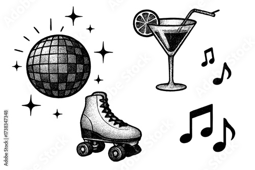 Retro disco party set. Black and white halftone illustration with disco ball, roller skate, cocktail and music notes. 80s vintage style vector for zine, collage or poster.