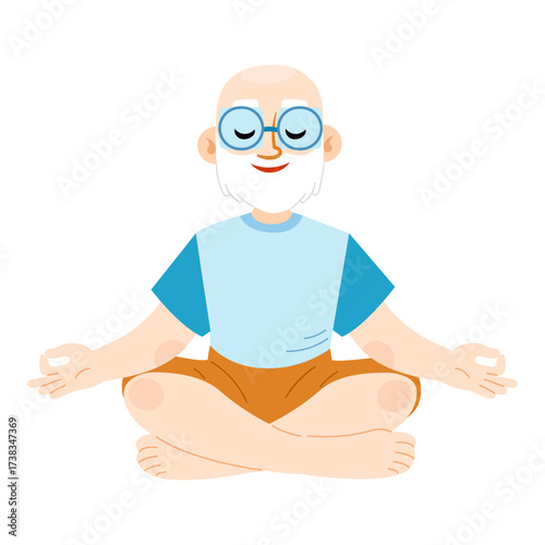 Cute cartoon illustration of an elderly male yogi sitting in lotus position. Aged gentleman with calm face shows peaceful yoga practice. Flat vector mascot for senior wellness and meditation themes