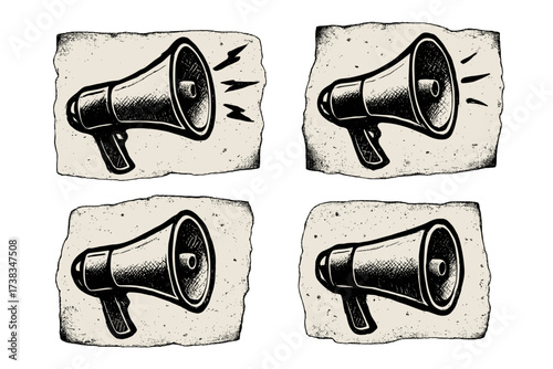 Loudspeaker announcement vector set. Megaphone protest. Grunge punk communication concept. Retro bullhorn collage elements. Halftone cartoon sticker. Revolution voice sound.