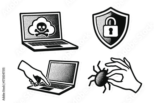 Computer virus & cybersecurity sticker set. Halftone pop art concept for data protection. Digital lock shield, malware bug, skull hacker symbol, laptop security illustration.