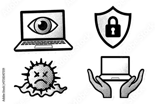 Cybersecurity sticker set. Halftone pop art icons for data protection, computer virus, and privacy. Digital surveillance eye, shield lock, antivirus and safe hands vector.