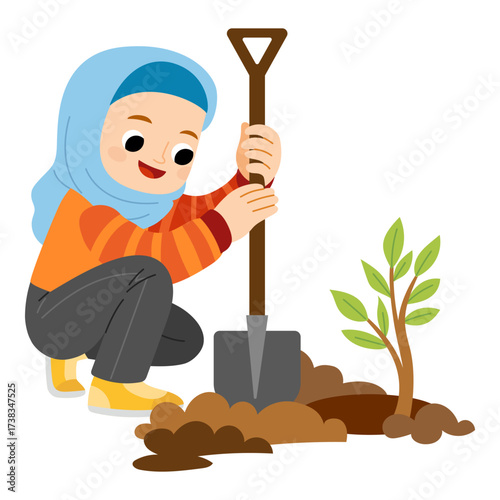 Cute muslim girl wearing hijab plants green seedling into ground. Flat vector illustration isolated on white background. Kawaii cartoon character for environmental projects and education materials