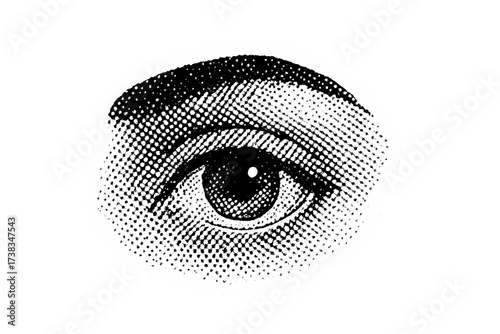 Halftone human eye vector illustration. Retro pop art dot screen print texture. Isolated graphic sticker for collage. Abstract engraving concept of vision, surveillance, see, watch.