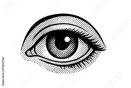 Halftone human eye vector sticker for collage. Isolated pop art comic style illustration. Black and white monochrome dot pattern graphic. Vision, see, look, watch concept art.