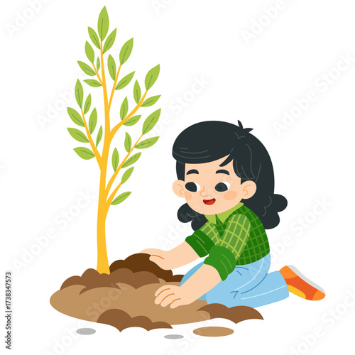 Cute asian girl plants green seedling into ground. Flat vector illustration isolated on white background. Kawaii character for environmental projects and education materials