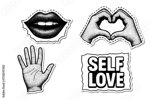 Self love sticker set collage elements. Halftone hands making heart gesture, lips and motivational lettering. Modern art torn paper design for positive mental health concept.