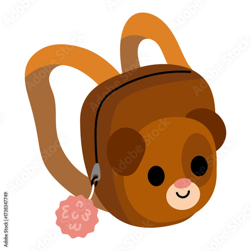 Cute little children’s backpack with plush teddy bear face on the front pocket. Flat vector illustration isolated on white background. Brown accessories for girls
