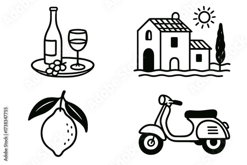 Italian summer icon set. Dolce vita lifestyle symbols. Mediterranean travel collection with wine, scooter, lemon, and house. Simple vector line art doodle for cards or posters.