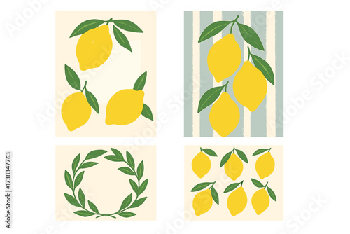 Lemon Mediterranean posters set with naive cute textured illustrations. Elegant citrus fruit, leaf wreath frame, stripes, and seamless pattern for background, card, or invitation.