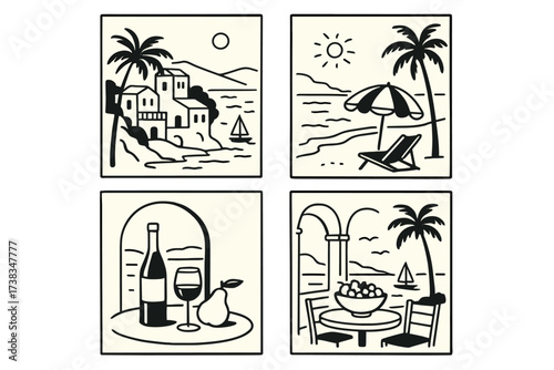 Italian summer vacation posters set in minimal ink hand drawn style. Vector Mediterranean coast, sea vibe, or beach printable placards. Italy travel and rest drawings icons.