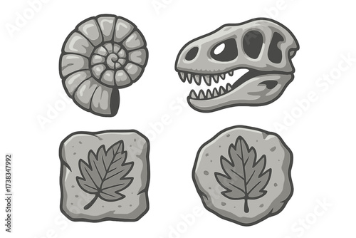 Fossil icon set with dinosaur skull, ammonite shell, and ancient leaf imprints. Paleontology and archaeology collection. Prehistoric period vector symbols. Monochrome style.