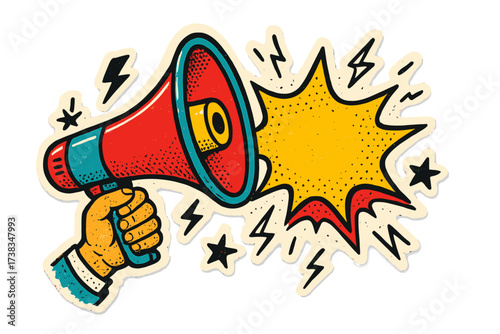 Pop art megaphone announcement. Retro comic sticker style. Hand holding loudspeaker for promotion, sale, or news. Communication marketing concept with speech bubble.
