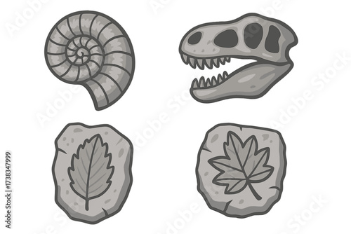 Dinosaur fossil icon set. Prehistoric paleontology collection. Ammonite shell, T-Rex skull, leaf imprint. Jurassic period vector illustration. Archeology excavation symbols.