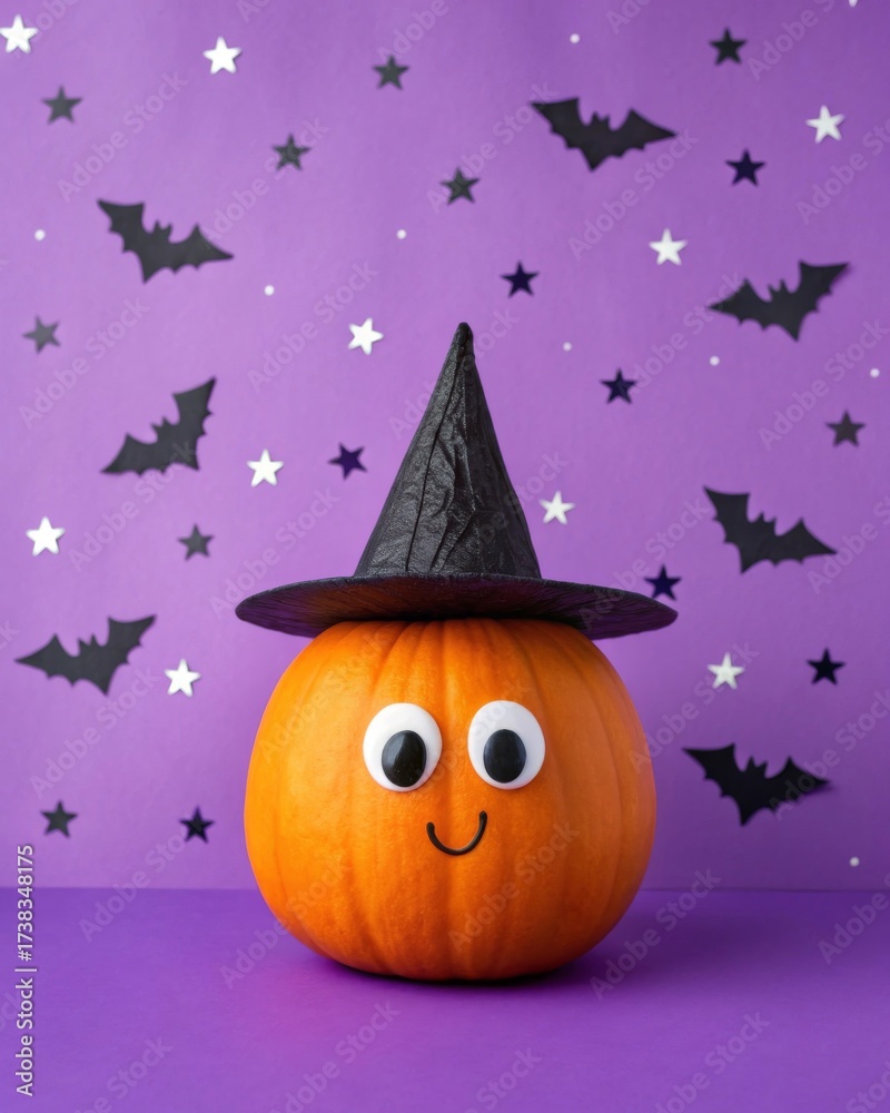 Fototapeta premium Cheerful pumpkin character fantasy setting cartoon illustration whimsical environment playful viewpoint smiling pumpkin in witch hat with stars and bats on purple background