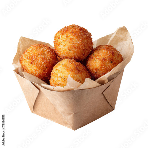 crispy fried cheese balls in a cardboard basket isolated on white
