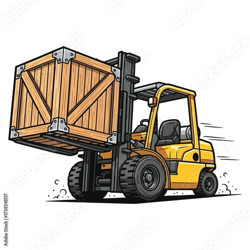 Dynamic yellow forklift swiftly transports large wooden crate, signifying efficient logistics and industrial operations in a clean, modern style.