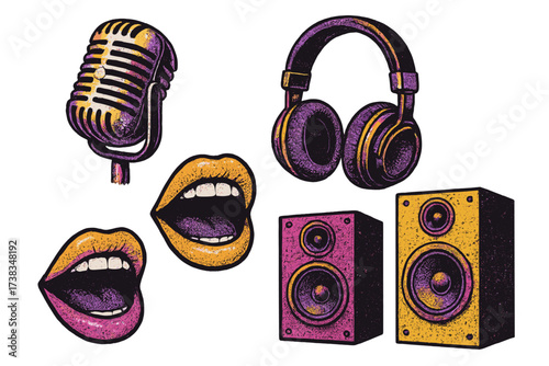 Retro music karaoke vector set with halftone grunge texture. Vintage microphone, headphones, speakers, singing mouth. Nostalgic 80s pop art elements for concert or party.