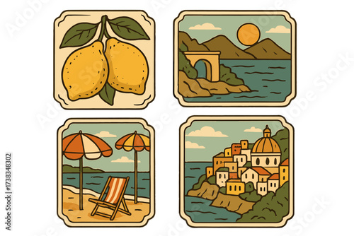 Amalfi coast summer vibe sticker set. Italy travel scenes with lemons, beach vacation symbols. Vintage Italian print for wall art, postcard, stamp, or poster. Mediterranean village.