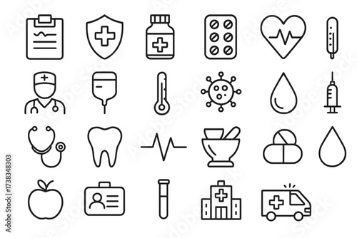 Medical and Health Care line icon set. Medicine, hospital, pharmacy, doctor, emergency symbols. Vector collection of thin outline pictograms for web and infographic design.