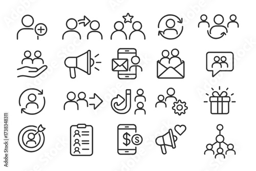 Refer a friend line icon set. Referral marketing program, invite friends and get bonus concept. Customer acquisition and loyalty rewards. Affiliate network vector pictograms.