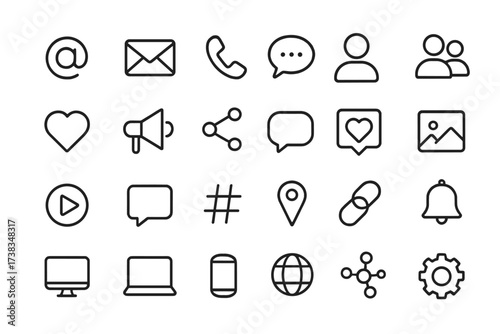 Social media line icon set. Web and mobile app UI UX essentials. Vector symbols for communication, contact, network, like, share, comment, notification, message, and user profile.