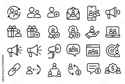 Refer a friend line icon set. Referral marketing program. Invite friends for reward bonus. Customer acquisition and loyalty strategy. Affiliate partnership vector pictogram collection.