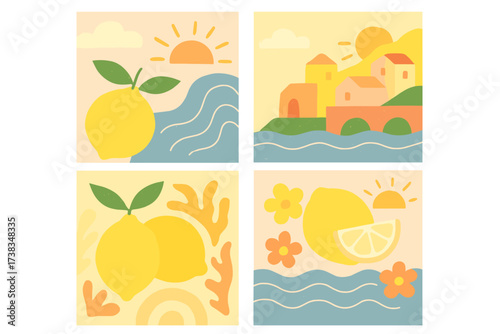 Set of Amalfi coast summer posters. Retro groovy abstract wall art with lemons and sea. Trendy naive illustrations for cards, interior decor. Vector graphic collection.