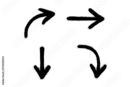 Set of spray painted urban graffiti arrows. Black grunge pointers isolated on white. Stencil street art direction symbols. Hand drawn airbrush design elements. Vector texture.